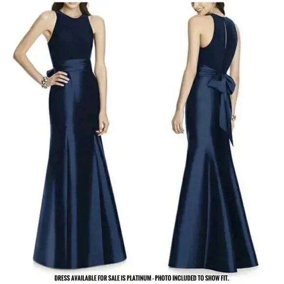 ALFRED SUNG Platinum Light Blue Jersey Sateen Mikado Long Gown with Sash Size 0 - Picture 2 of 11